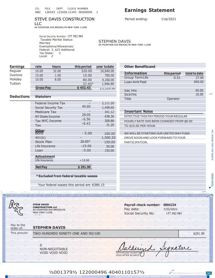 Download Construcion LLC earnings statement Photoshop template